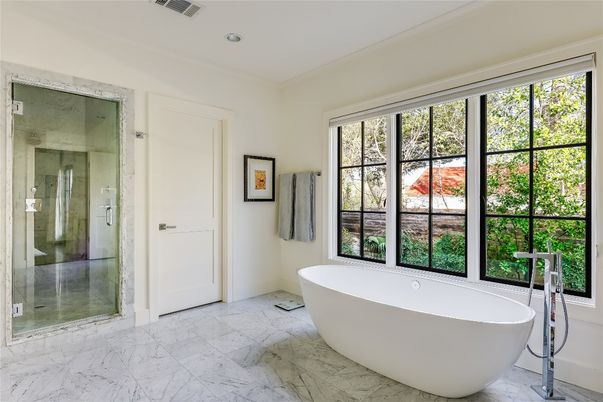 Bathroom, Free Standing Baths, Glass Shower, Interior, Marble, Recessed Lighting