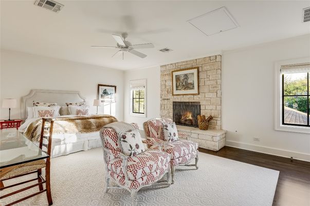 Bedroom, Fireplace, Interior, Stone Walls, Wood Texture Flooring