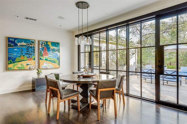Dining room, Interior, Pendant Lights, Recessed Lighting, Wood Texture Flooring