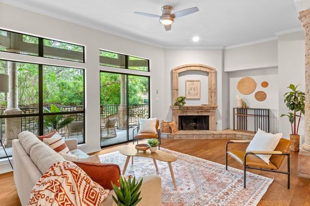 Fireplace, Interior, Living room, Recessed Lighting, Wood Texture Flooring