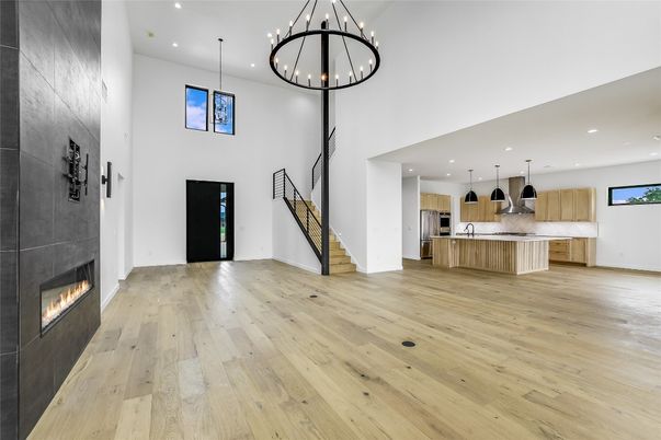 Fireplace, Interior, Kitchen, Pendant Lights, Recessed Lighting, Wood Texture Flooring