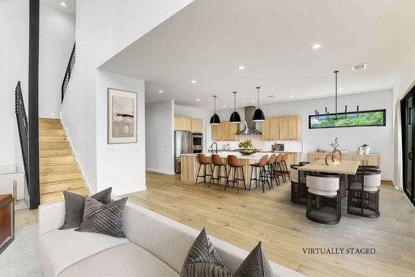 Dining room, Interior, Kitchen, Living room, Pendant Lights, Recessed Lighting, Stainless Steel Appliances, Wood Texture Flooring