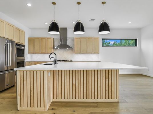 Interior, Kitchen, Pendant Lights, Recessed Lighting, Stainless Steel Appliances, Wood Texture Flooring