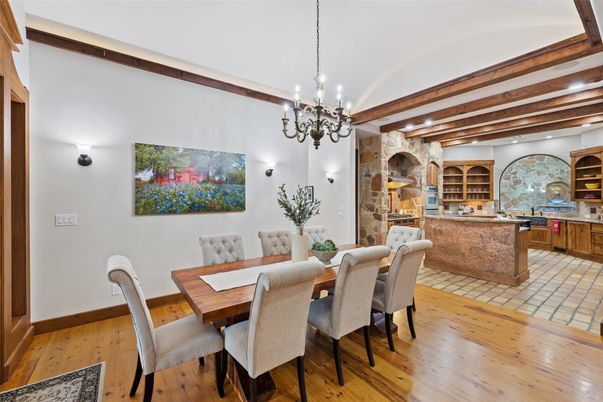 Chandelier, Dining room, Interior, Kitchen, Recessed Lighting, Wooden Beams, Wood Texture Flooring