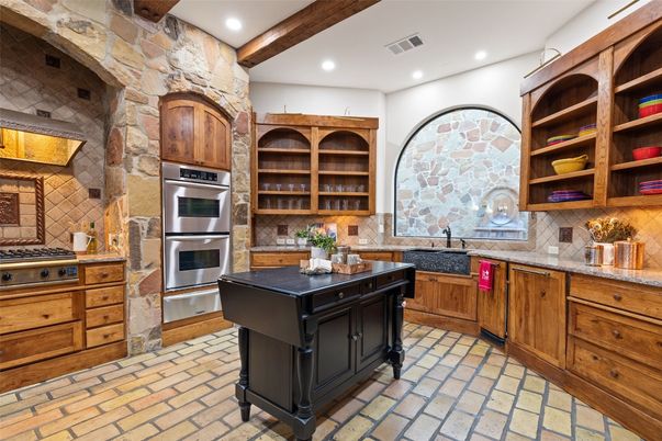 Interior, Kitchen, Recessed Lighting, Stainless Steel Appliances, Stone Walls, Wooden Beams