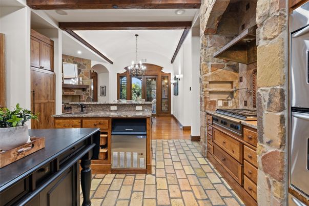 Chandelier, Interior, Kitchen, Pendant Lights, Stainless Steel Appliances, Stone Walls, Wooden Beams, Wood Texture Flooring