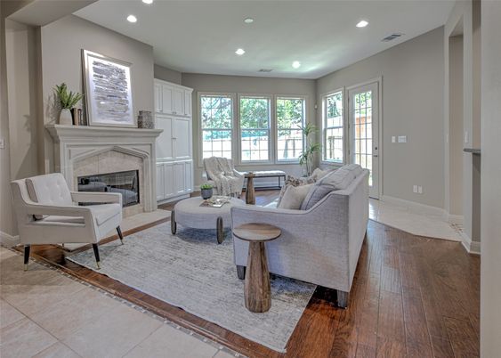 Fireplace, Interior, Living room, Recessed Lighting, Wood Texture Flooring