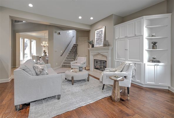 Chandelier, Fireplace, Interior, Living room, Recessed Lighting, Wood Texture Flooring