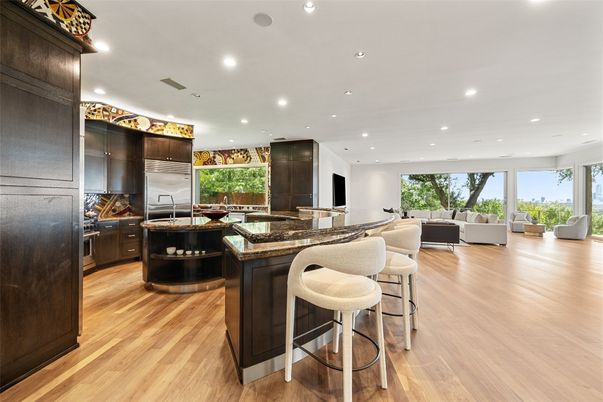 Interior, Kitchen, Living room, Recessed Lighting, Stainless Steel Appliances, Wood Texture Flooring