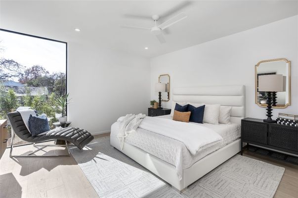 Bedroom, Interior, Recessed Lighting, Wood Texture Flooring