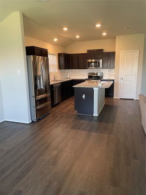 Interior, Kitchen, Recessed Lighting, Stainless Steel Appliances, Wood Texture Flooring