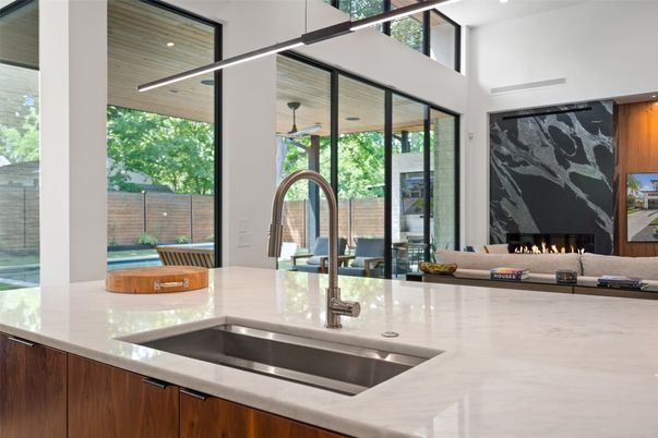 Fireplace, Interior, Kitchen, Living room, Recessed Lighting