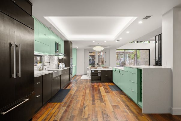 Interior, Kitchen, Recessed Lighting, Stainless Steel Appliances, Wood Texture Flooring