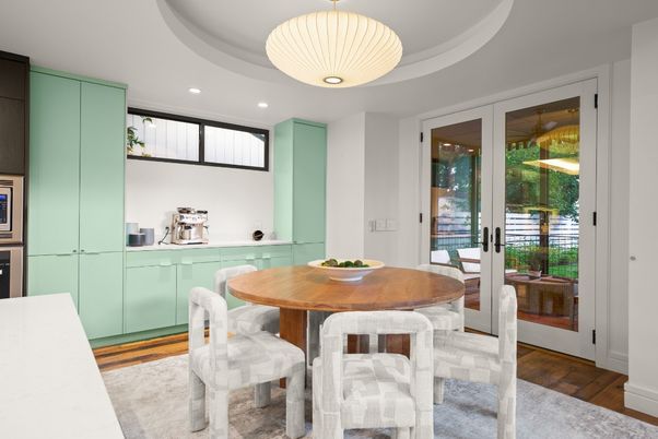 Dining room, Interior, Pendant Lights, Recessed Lighting, Wood Texture Flooring