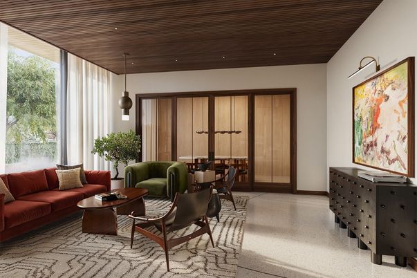 Dining room, Interior, Living room, Pendant Lights, Recessed Lighting, Wooden Ceilings