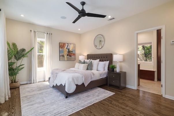 Bedroom, Interior, Recessed Lighting, Wood Texture Flooring