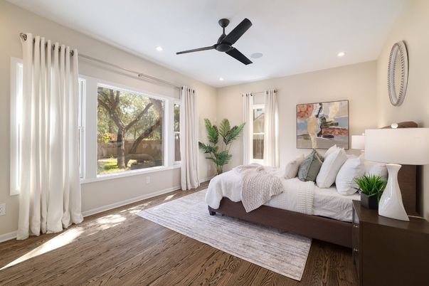Bedroom, Interior, Recessed Lighting, Wood Texture Flooring