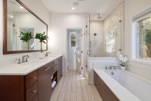 Bathroom, Dual Sink Vanities, Glass Shower, Interior, Recessed Lighting, Wood Texture Flooring