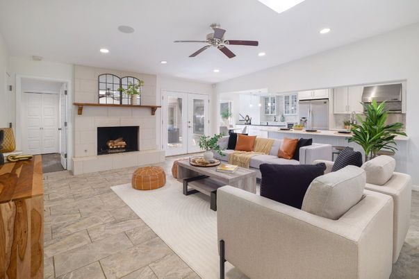Fireplace, Interior, Kitchen, Living room, Recessed Lighting, Stainless Steel Appliances