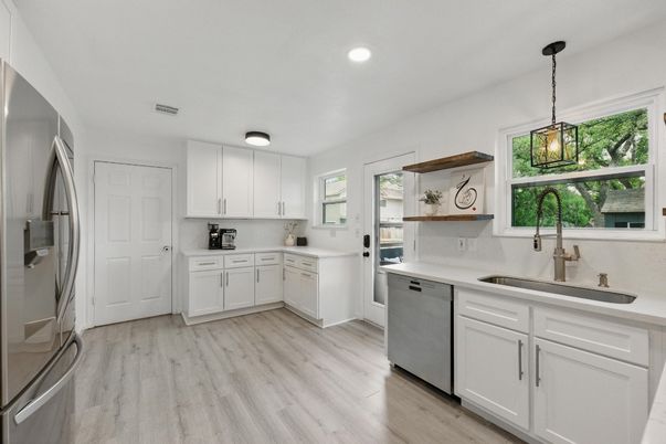 Interior, Kitchen, Pendant Lights, Recessed Lighting, Stainless Steel Appliances, Wood Texture Flooring