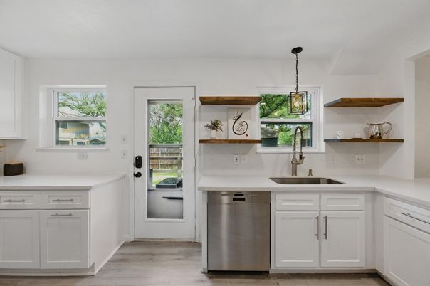 Interior, Kitchen, Pendant Lights, Stainless Steel Appliances, Wood Texture Flooring