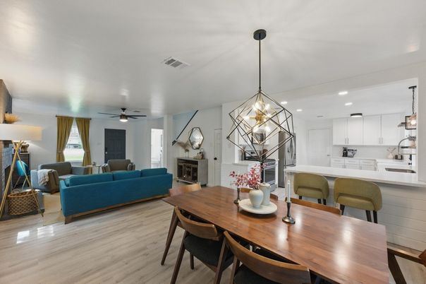 Dining room, Fireplace, Interior, Kitchen, Living room, Pendant Lights, Recessed Lighting, Wood Texture Flooring