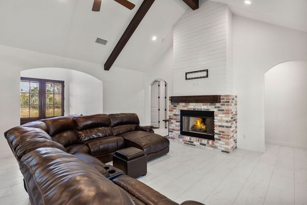 Fireplace, Interior, Living room, Marble, Recessed Lighting, Wooden Beams