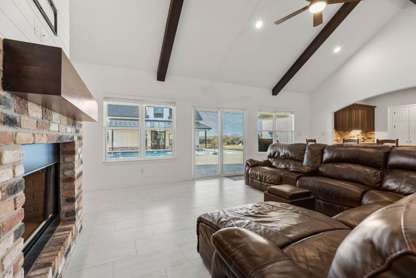 Fireplace, Interior, Living room, Recessed Lighting, Stone Walls, Wooden Beams
