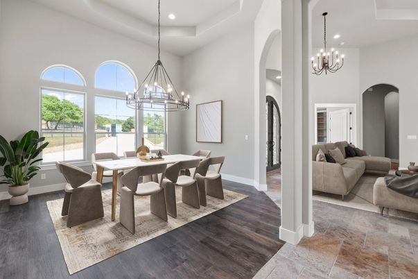 Chandelier, Dining room, Interior, Living room, Pendant Lights, Recessed Lighting, Wood Texture Flooring