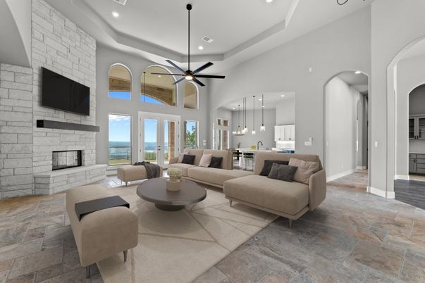 Fireplace, Interior, Living room, Pendant Lights, Recessed Lighting, Stone Walls, Water