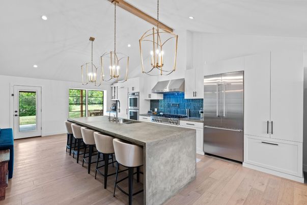 Chandelier, Interior, Kitchen, Pendant Lights, Recessed Lighting, Stainless Steel Appliances, Wood Texture Flooring