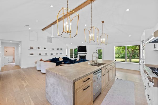 Fireplace, Interior, Kitchen, Living room, Pendant Lights, Recessed Lighting, Wood Texture Flooring