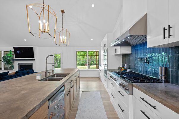 Fireplace, Interior, Kitchen, Pendant Lights, Recessed Lighting, Stainless Steel Appliances, Wood Texture Flooring