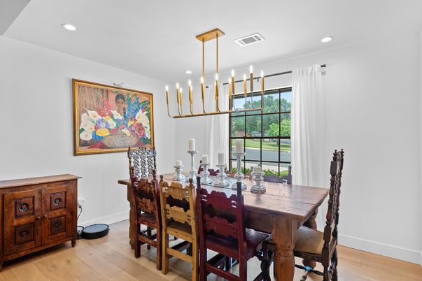 Dining room, Interior, Pendant Lights, Recessed Lighting, Wood Texture Flooring