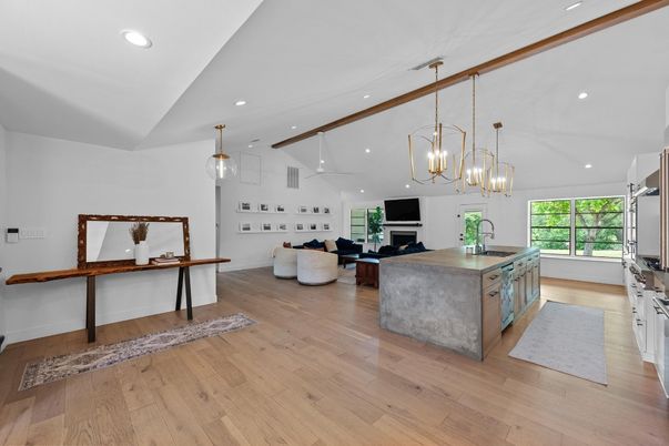 Interior, Kitchen, Living room, Pendant Lights, Recessed Lighting, Wood Texture Flooring