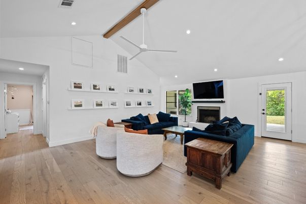 Fireplace, Interior, Living room, Recessed Lighting, Wooden Beams, Wood Texture Flooring