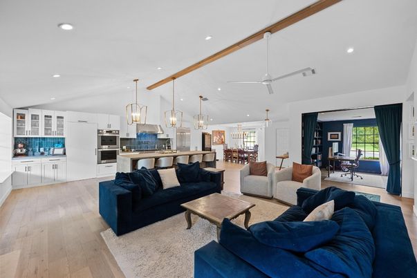Dining room, Interior, Kitchen, Living room, Pendant Lights, Recessed Lighting, Stainless Steel Appliances, Wooden Beams, Wood Texture Flooring