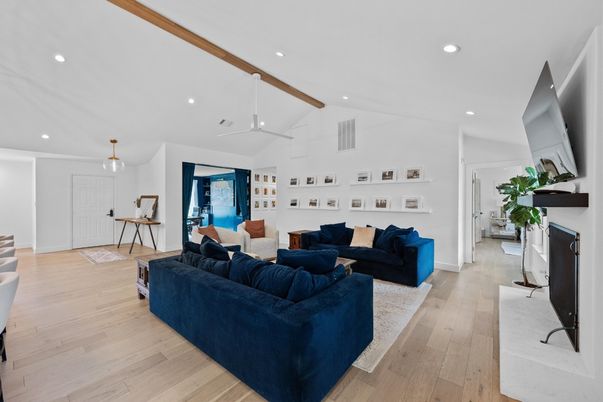 Fireplace, Interior, Living room, Pendant Lights, Recessed Lighting, Wooden Beams, Wood Texture Flooring