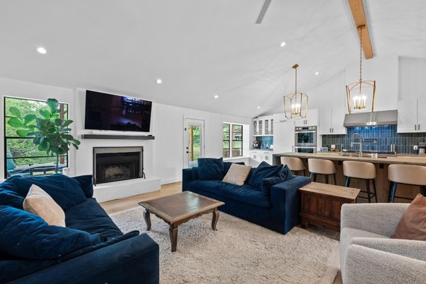 Dining room, Fireplace, Interior, Kitchen, Living room, Pendant Lights, Recessed Lighting, Stainless Steel Appliances, Wooden Beams