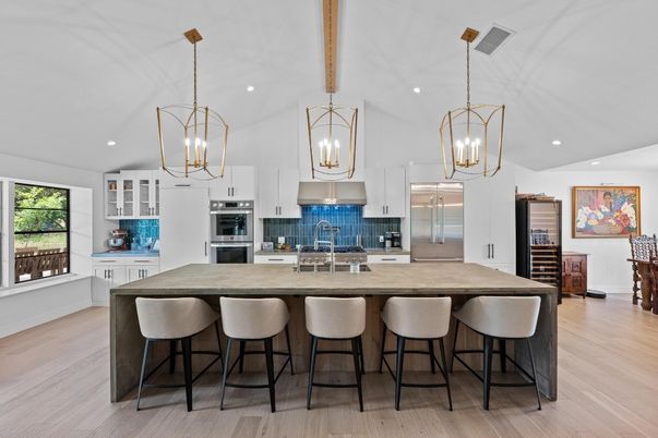 Interior, Kitchen, Pendant Lights, Recessed Lighting, Stainless Steel Appliances, Wooden Beams, Wood Texture Flooring
