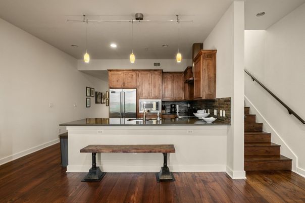Interior, Kitchen, Pendant Lights, Recessed Lighting, Stainless Steel Appliances, Wood Texture Flooring