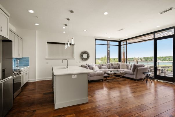 Interior, Kitchen, Living room, Pendant Lights, Recessed Lighting, Water, Wood Texture Flooring