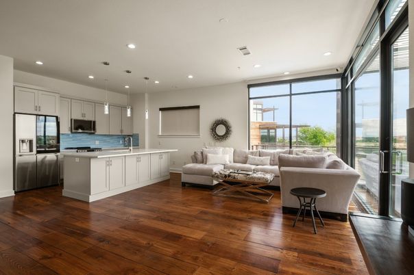 Interior, Kitchen, Living room, Pendant Lights, Recessed Lighting, Stainless Steel Appliances, Wood Texture Flooring