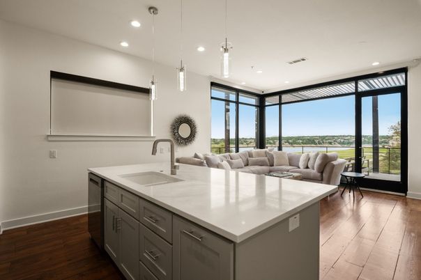 Interior, Kitchen, Living room, Pendant Lights, Recessed Lighting, Wood Texture Flooring