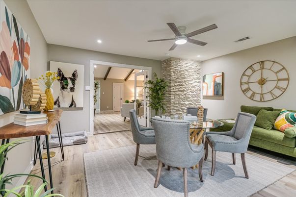Dining room, Interior, Recessed Lighting, Stone Walls, Wood Texture Flooring