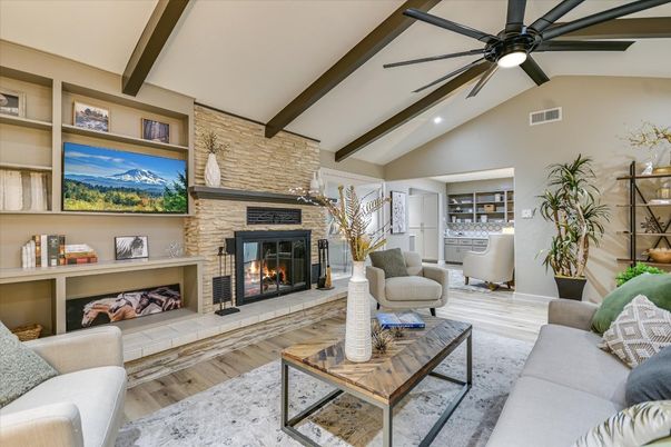 Fireplace, Interior, Living room, Recessed Lighting, Stone Walls, Wooden Beams, Wood Texture Flooring