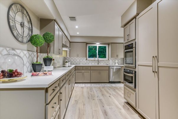 Interior, Kitchen, Recessed Lighting, Stainless Steel Appliances, Wood Texture Flooring