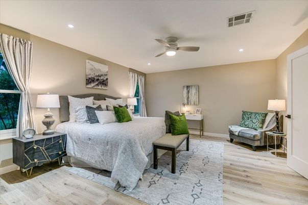 Bedroom, Interior, Recessed Lighting, Wood Texture Flooring