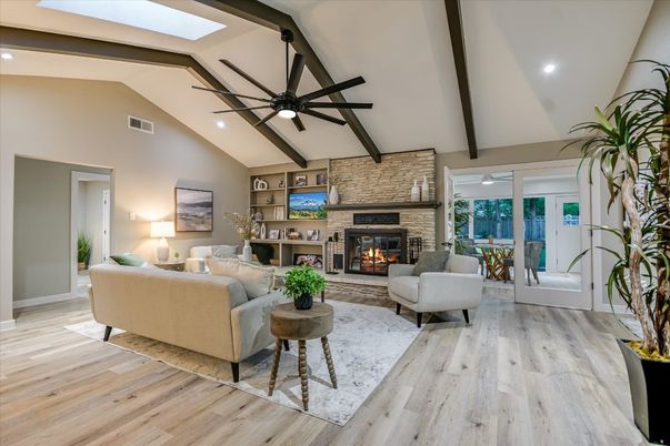 Fireplace, Interior, Living room, Recessed Lighting, Stone Walls, Wooden Beams, Wood Texture Flooring
