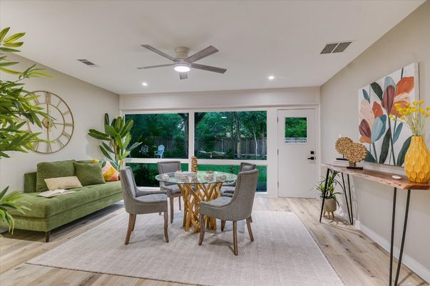 Dining room, Interior, Recessed Lighting, Wood Texture Flooring